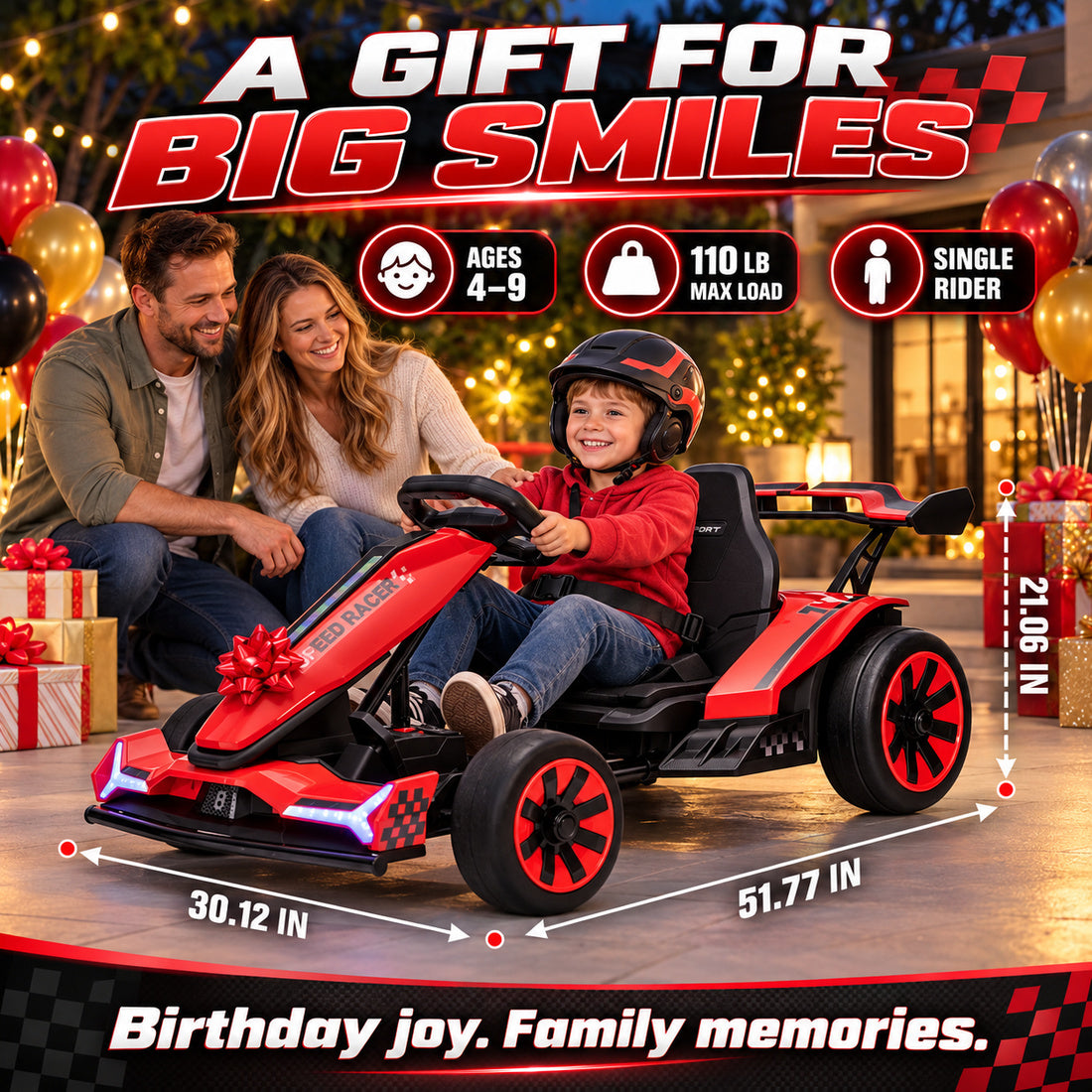 TR2601 drift go-kart in Red – birthday gift size guide, 51.77 × 30.12 × 21.06 in