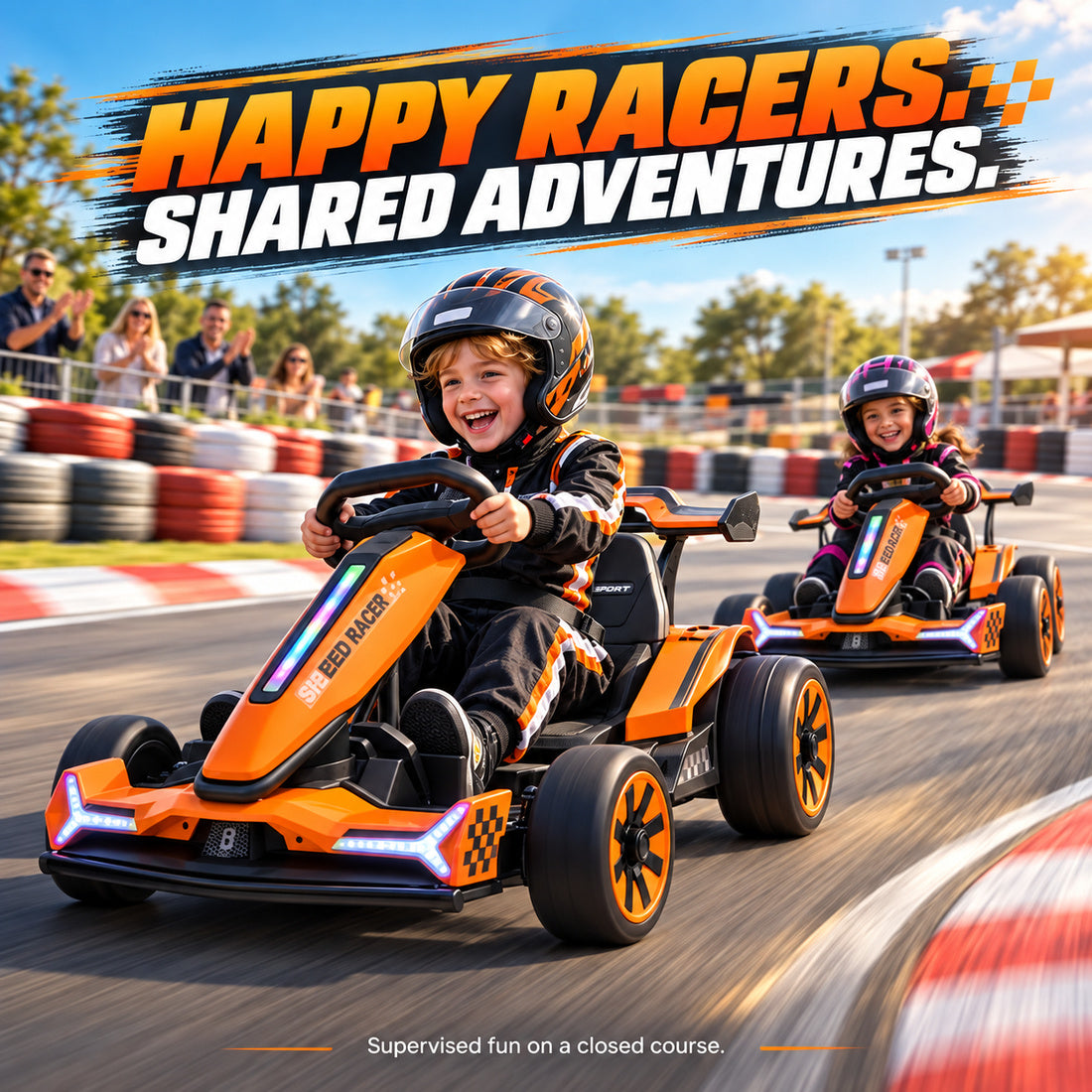 TR2601 drift go-kart in Orange – two kids racing side by side on a closed course