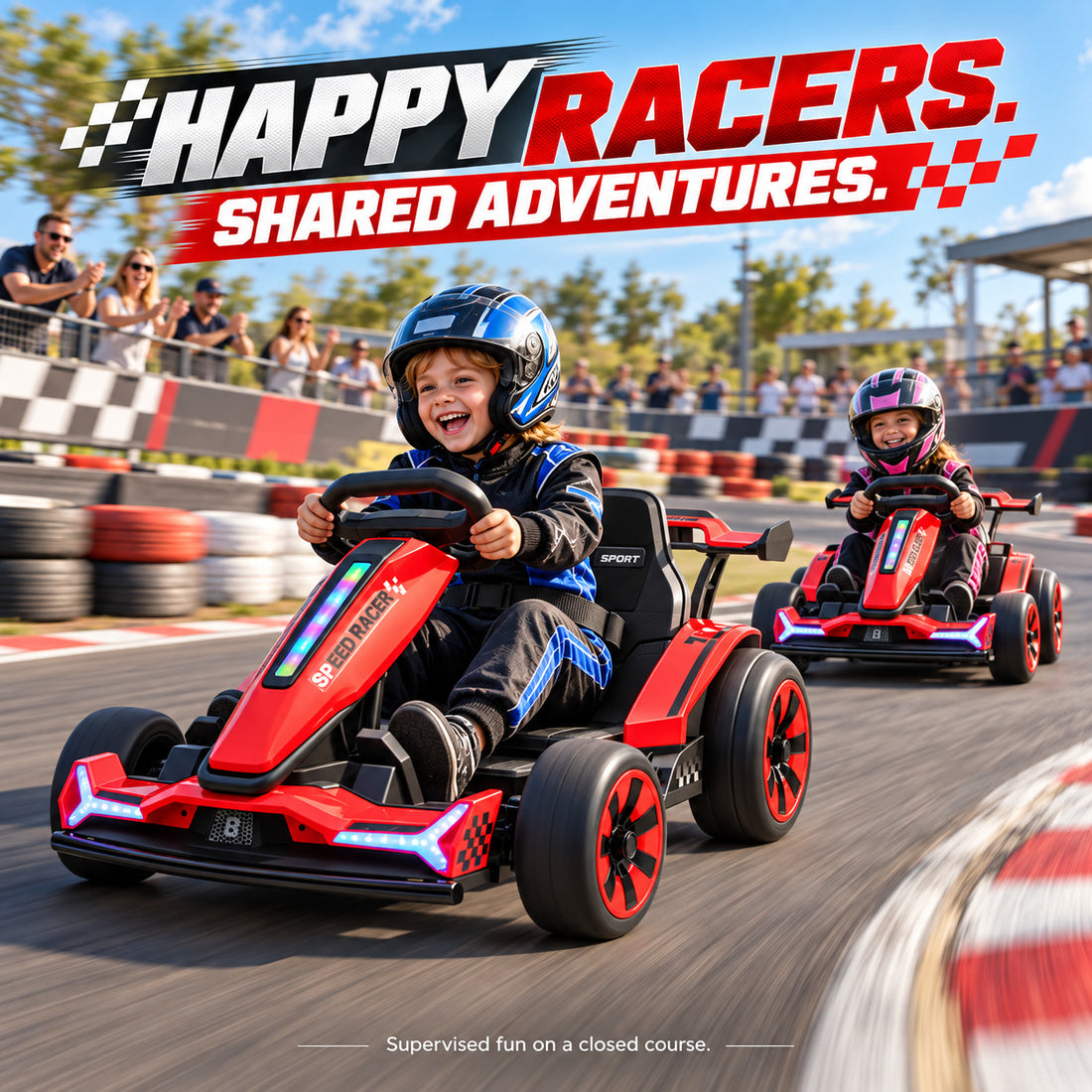 TR2601 drift go-kart in Red – two kids racing side by side on a closed course