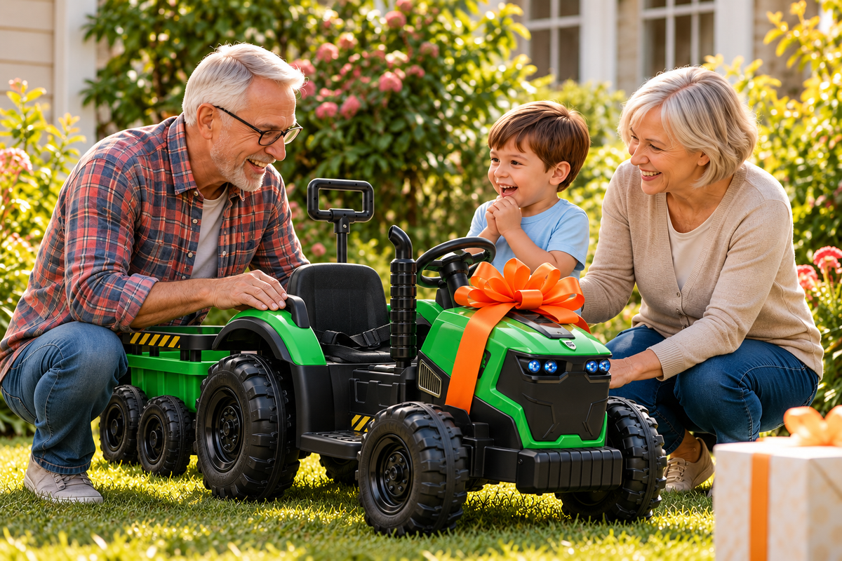 Grandparents presenting a ribboned tractor to their grandson