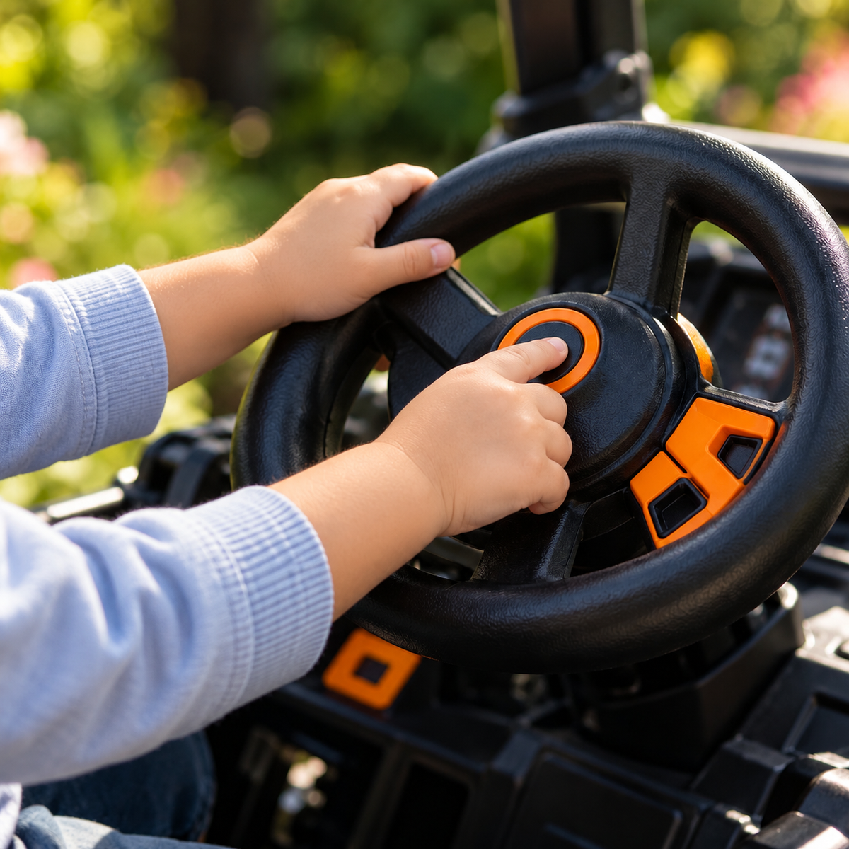 A parent's hand guiding a child's small hands on the steering wheel