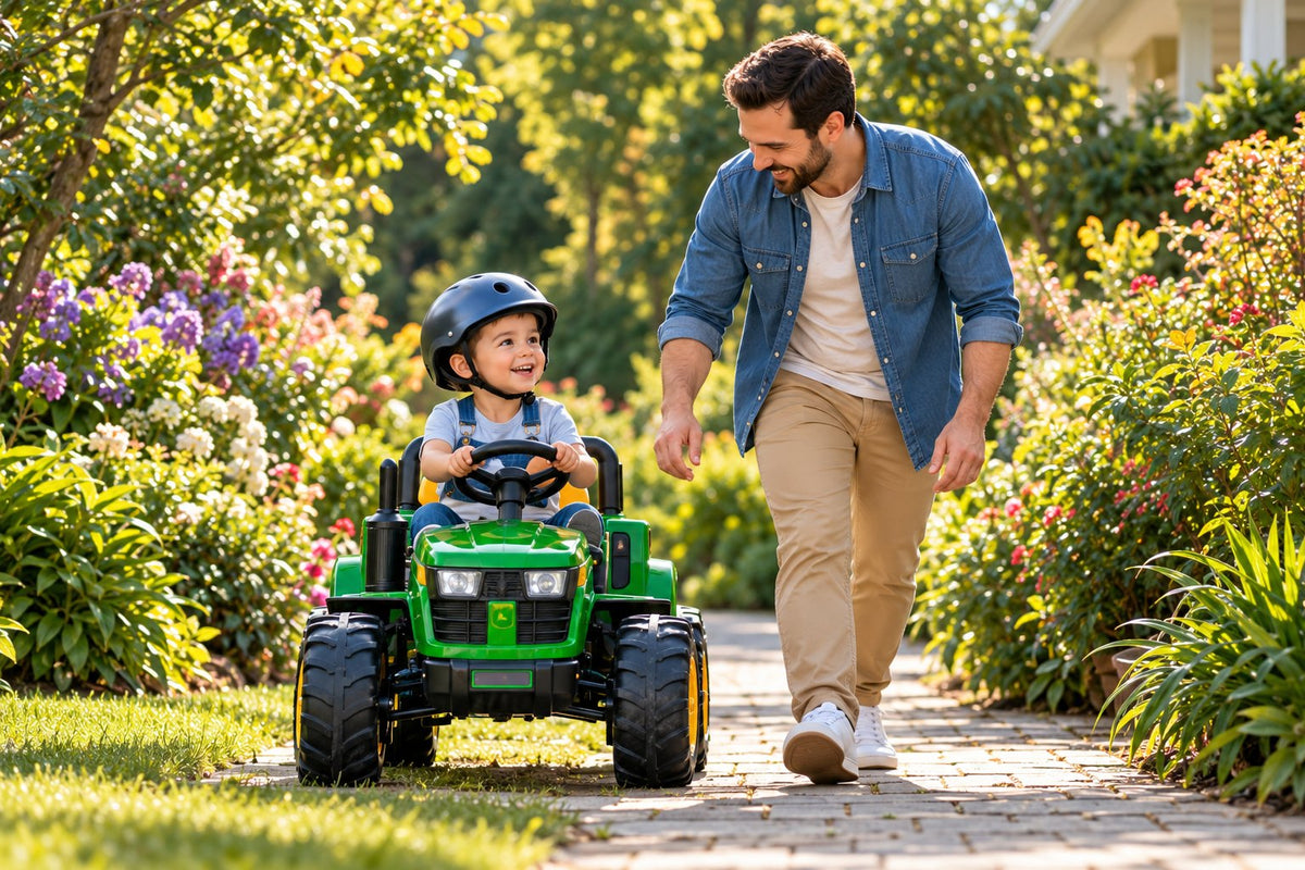 A dad walking beside his son on a green tractor along a garden path