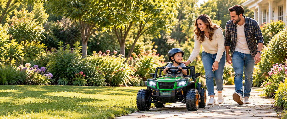 Mom and Dad walking behind their son driving a green UTV on a garden path