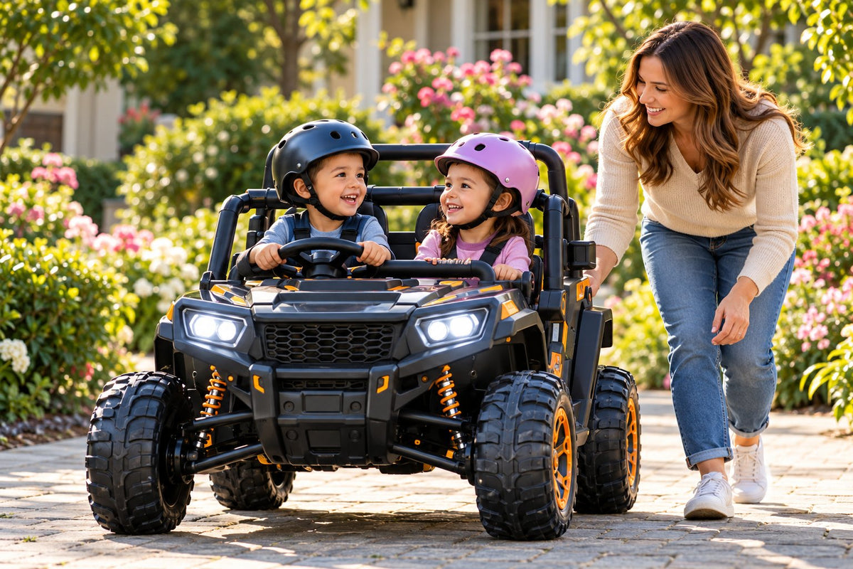 Brother and sister side by side in a two-seat UTV while Mom cheers