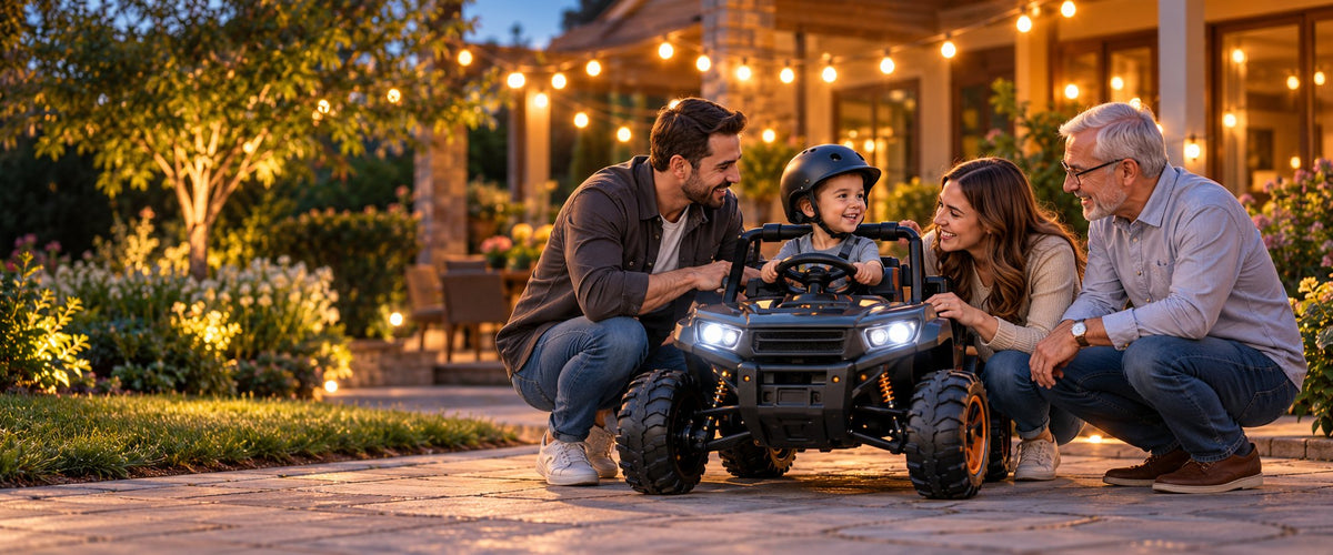 Parents and Grandpa gathered around a child in his UTV under string lights