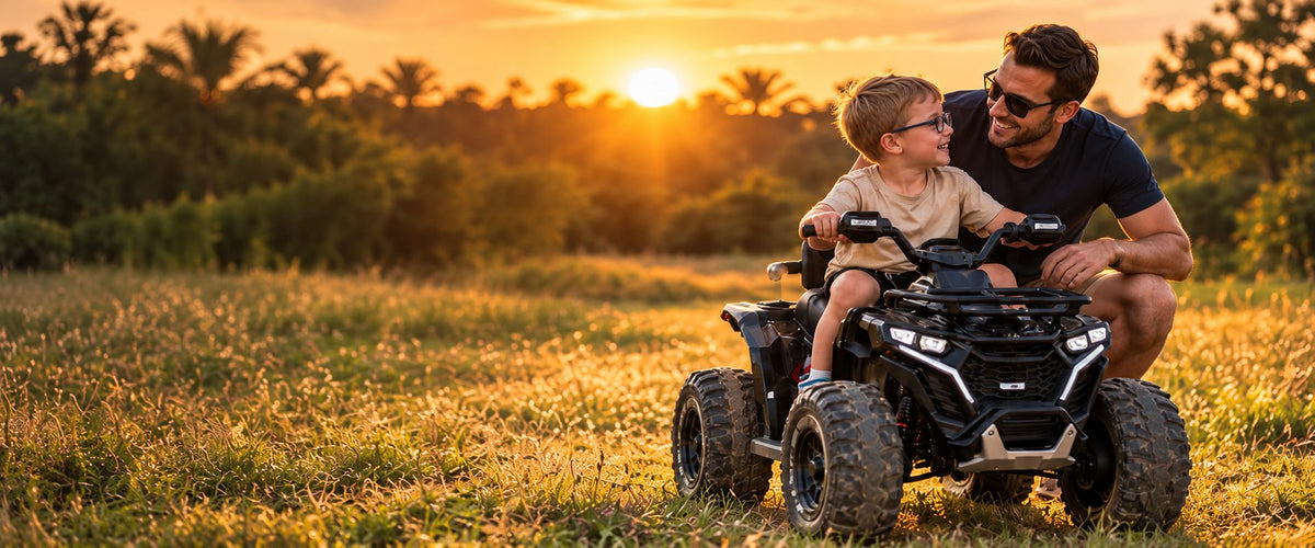 A dad crouches beside his son on a black ride-on ATV in a golden-hour meadow, both smiling