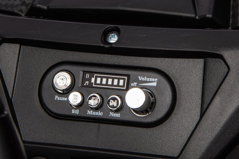 The music panel with Bluetooth, music, next and volume buttons and a battery display
