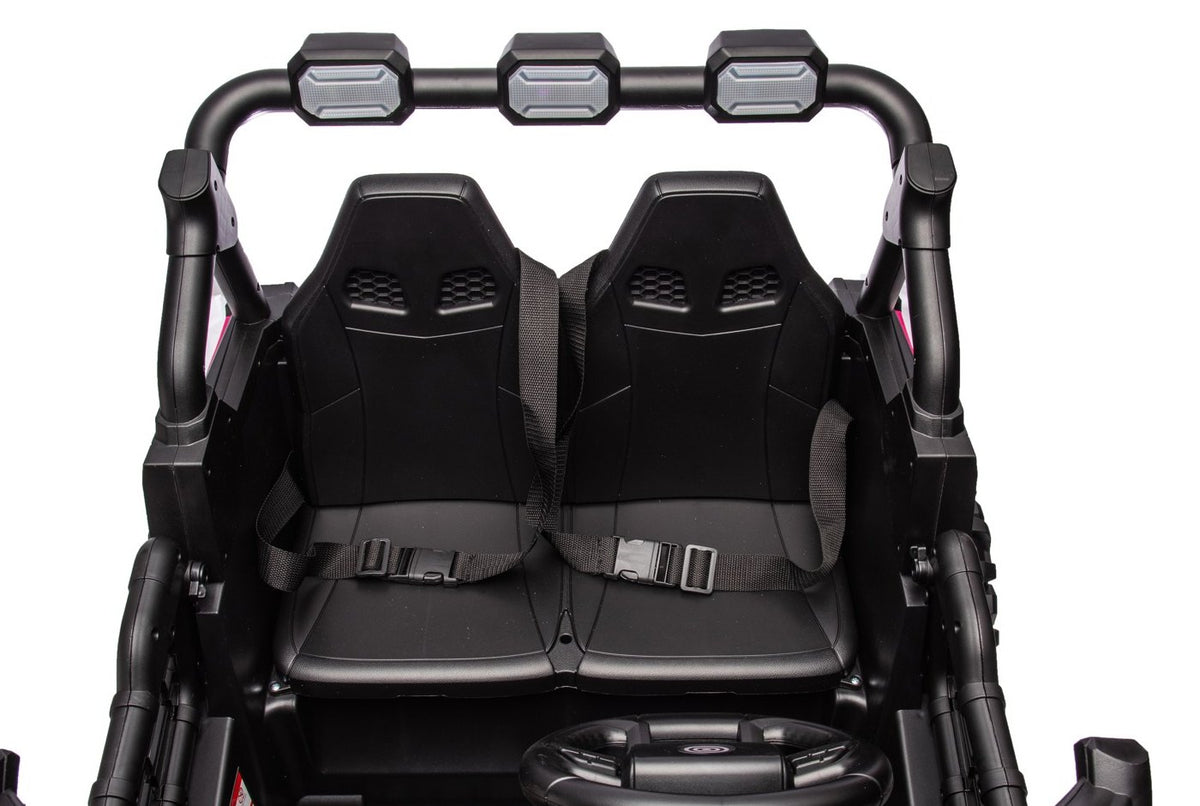 Front view of the two black seats, each with its own seat belt