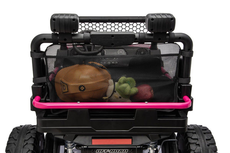 The rear cargo tray holding a ball and toys behind the seats