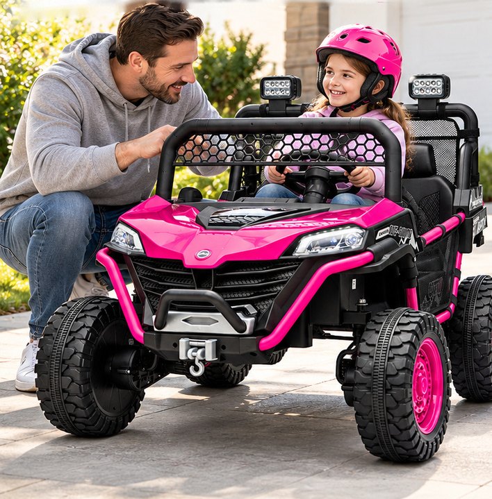 A dad crouches beside his smiling daughter in a pink helmet as she holds the wheel of the rose UTV