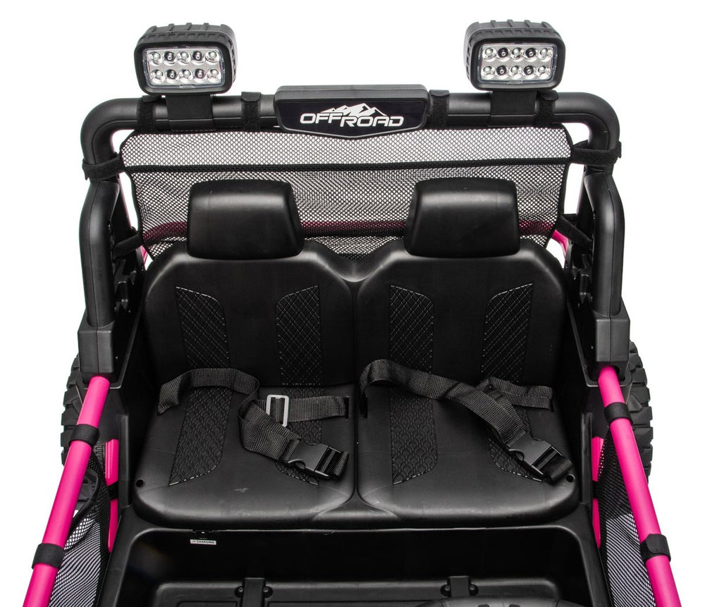 The two black seats with headrests and a seat belt for each rider, seen from above