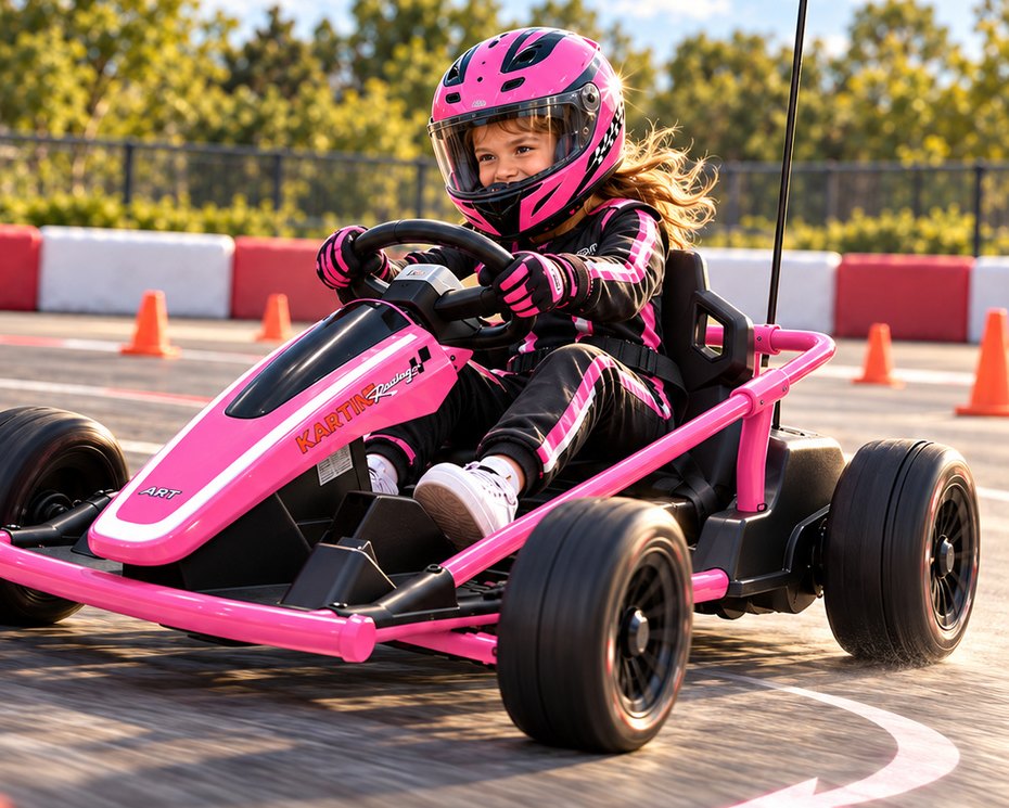 A girl in a pink helmet drifts the rose go-kart around a chalk arc between orange cones