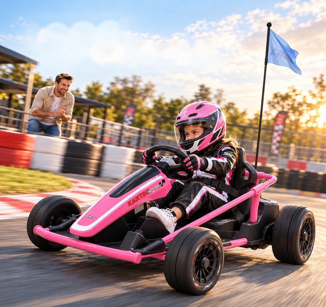 A girl in a pink helmet and race suit drives the rose go-kart through a turn on a kart track while her dad cheers from the side