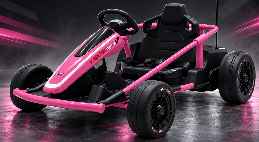 The rose go-kart under dramatic studio light with pink light streaks