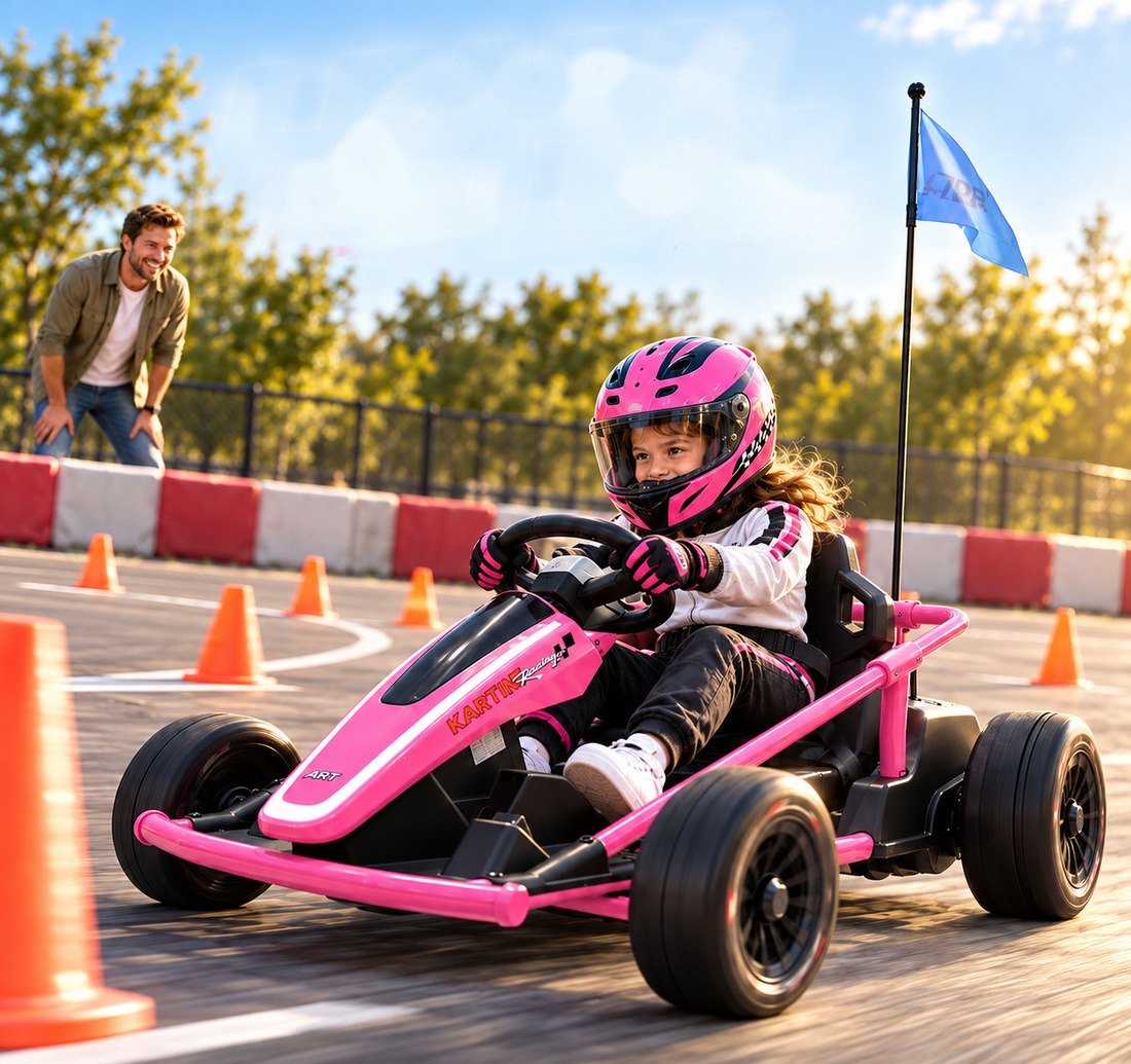 A girl in a pink helmet steers the rose go-kart through a line of cones while her dad watches from behind the barrier