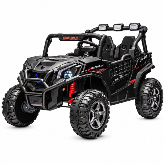 BBH027 24V 4WD Kids Ride-On UTV, 2-Seater with Parent Remote in Black – front three-quarter view on white background