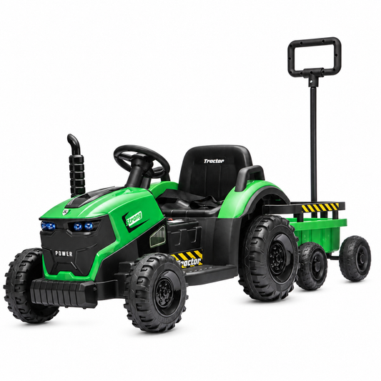 FB319 12V Kids Ride-On Tractor with Detachable Trailer in Green – front three-quarter view on white background