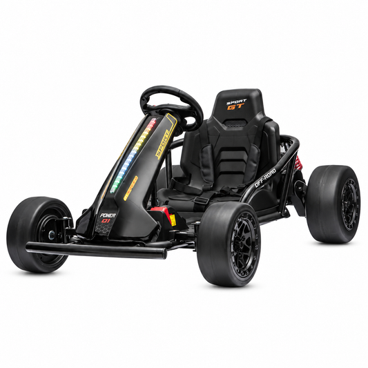 JC020 24V Electric Drift Go-Kart for Kids in Black – front three-quarter view on white background