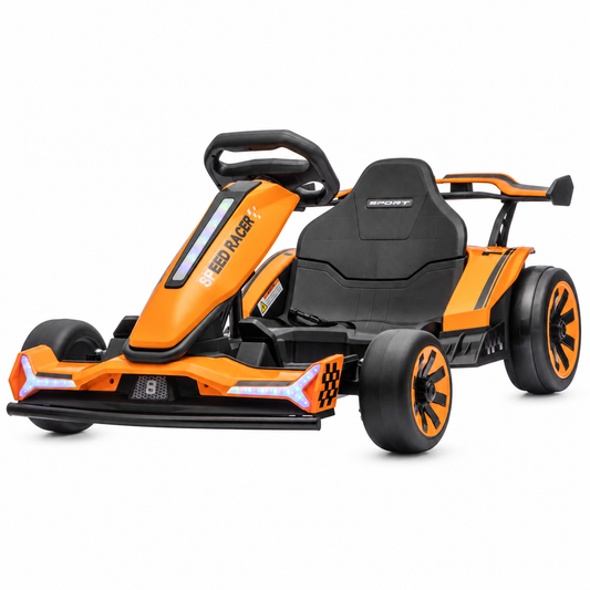 TR2601 24V Drift Go-Kart with Adjustable Frame in Orange – front three-quarter view on white background