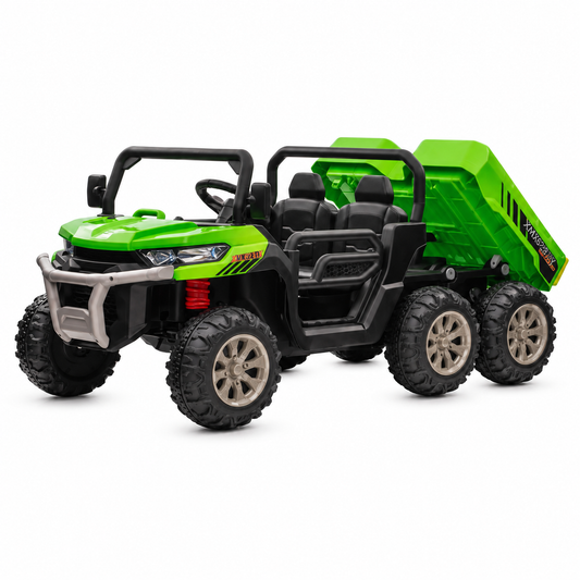 XMX623BX 24V 4WD 6-Wheel Ride-On Dump Truck UTV, 2-Seater in Green – front three-quarter view on white background