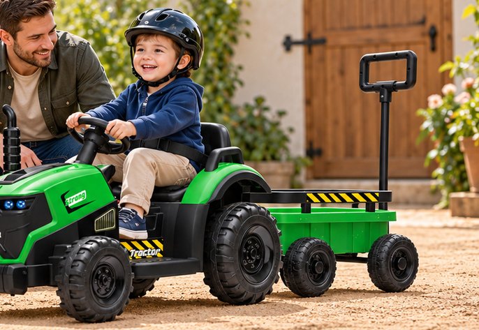 A parent kneels beside a child in a helmet driving the tractor across a level courtyard