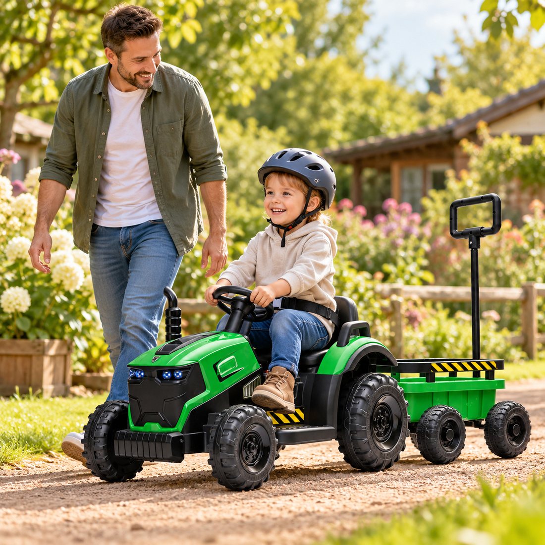 A parent walks beside a smiling child in a helmet driving the green tractor and trailer along a garden path