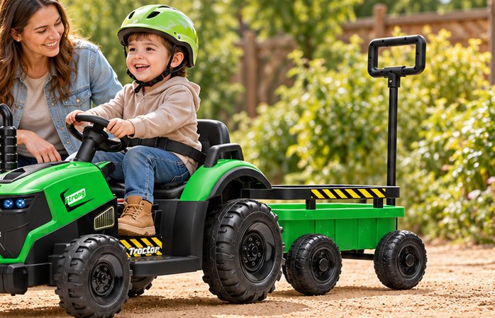 A parent kneels beside a smiling child in a helmet who steers the tractor on a garden path
