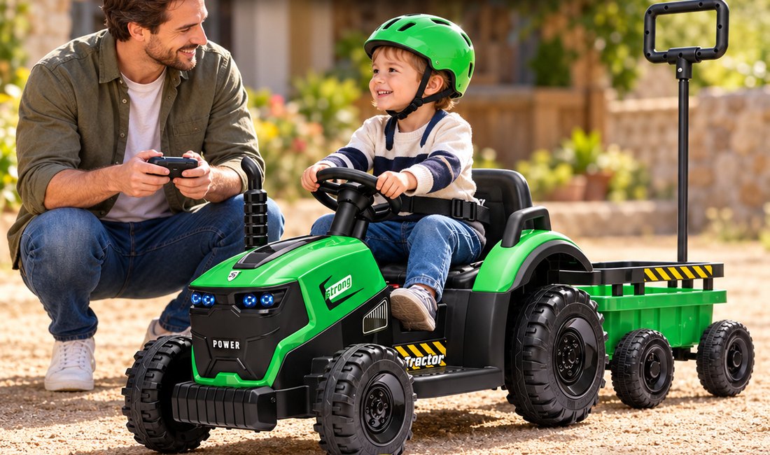 A parent crouches beside the tractor holding the 2.4G remote while a child in a helmet sits at the wheel