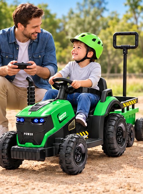 A parent holds the 2.4G remote beside a child in a helmet buckled into the tractor seat