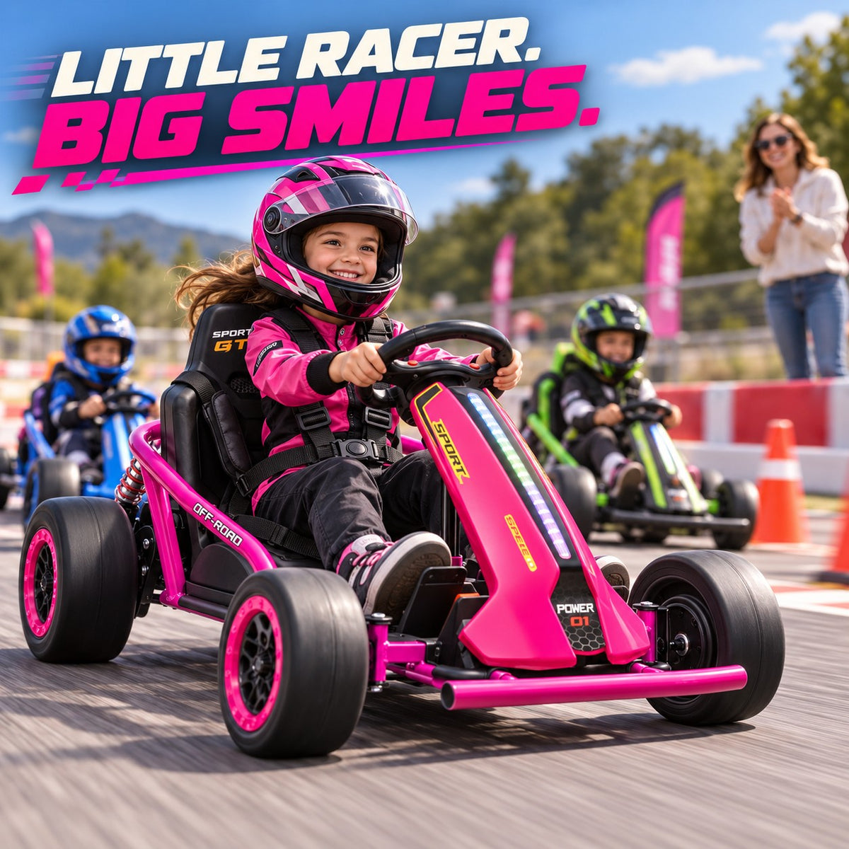 Helmeted child enjoying the pink kart with a parent present in a closed riding area