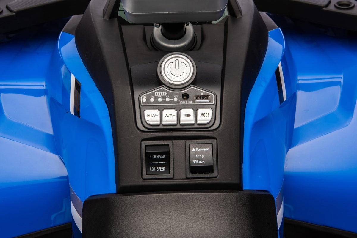 The ATV control panel with one-touch start button, music buttons, battery display, high / low speed switch and forward / stop / back switch