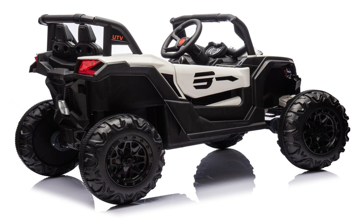 Rear three-quarter view of the grey-white UTV
