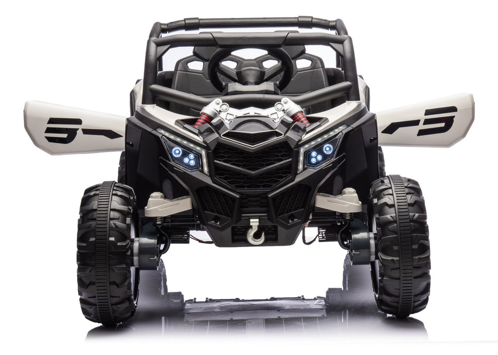 Front view of the grey-white UTV with both doors swung open
