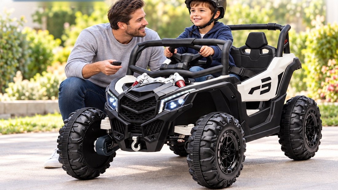 A dad crouches beside the grey-white UTV holding the remote while his son in a helmet grips the steering wheel