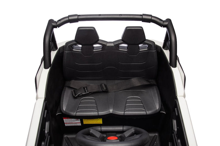 The two black seats with headrests and a lap belt, seen from above