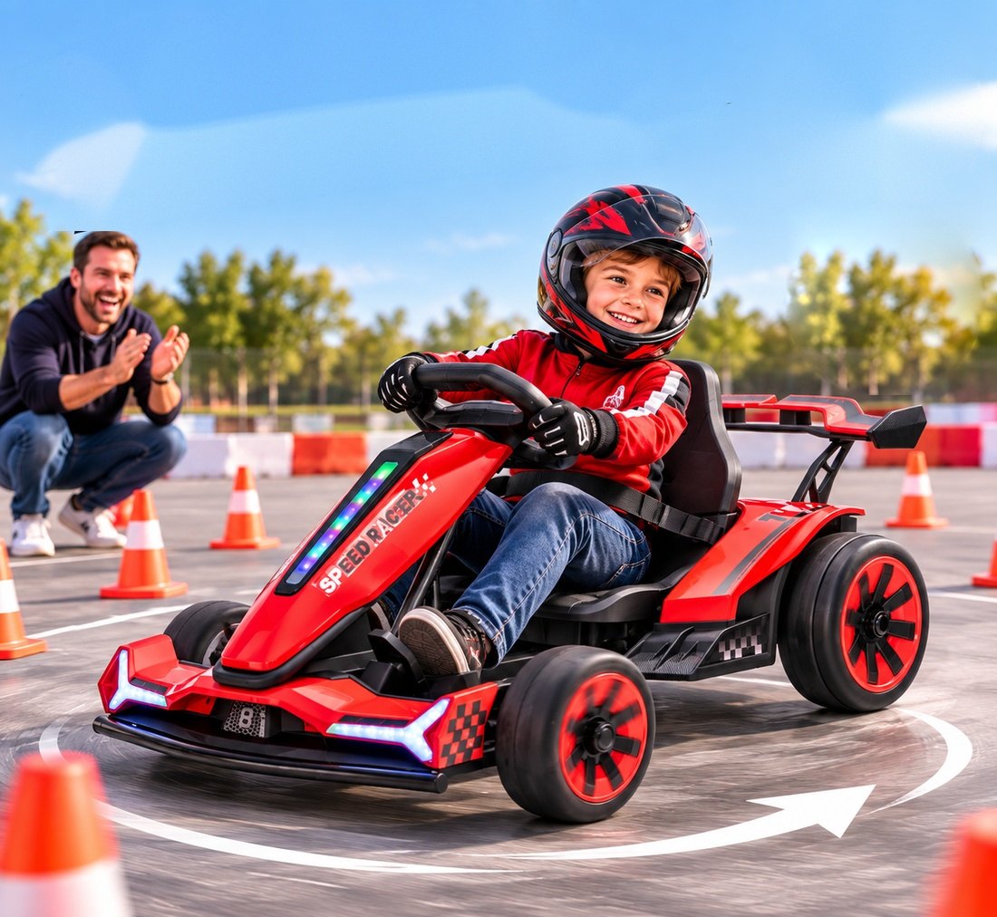 A smiling boy in a red race suit and helmet spins the red go-kart in a chalk circle between cones while his dad cheers