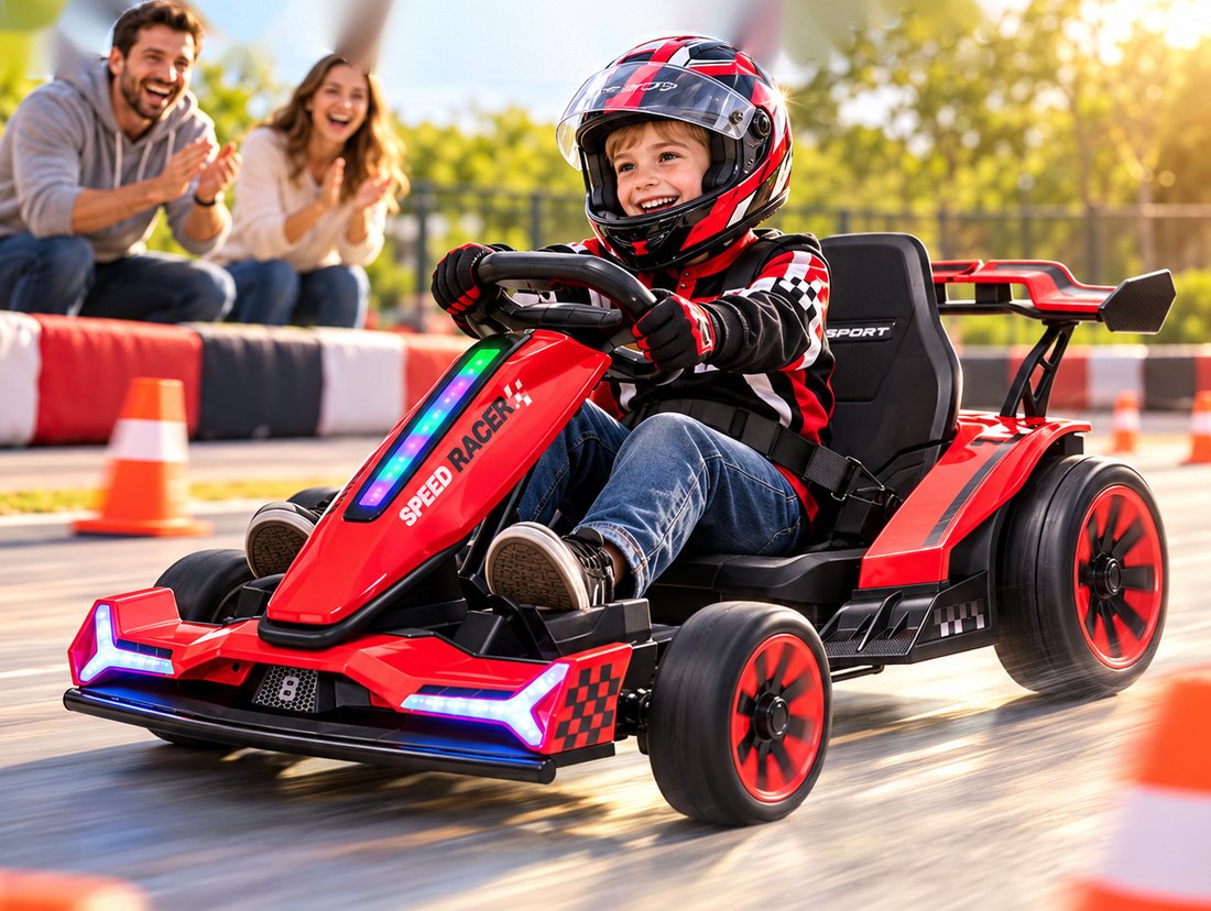 A boy in a helmet laughs as he drives the red go-kart past cones while his parents clap