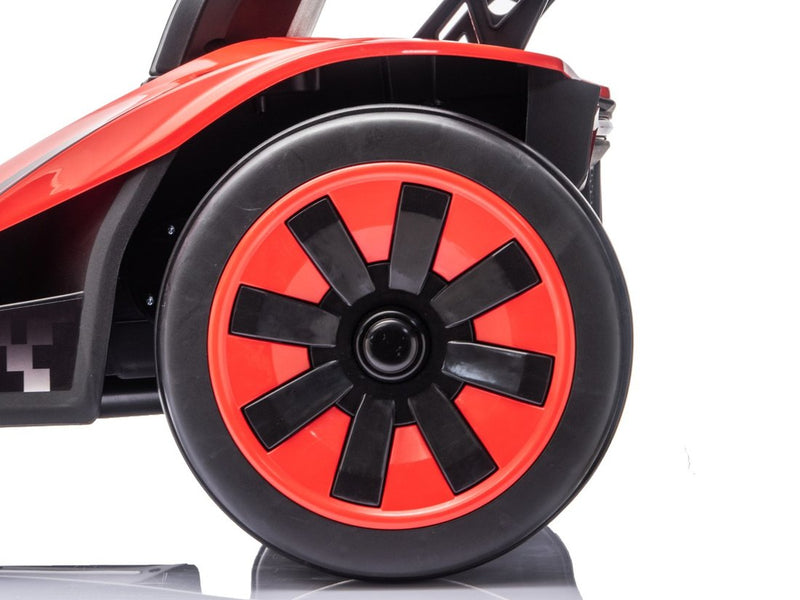 Close-up of the red rear wheel