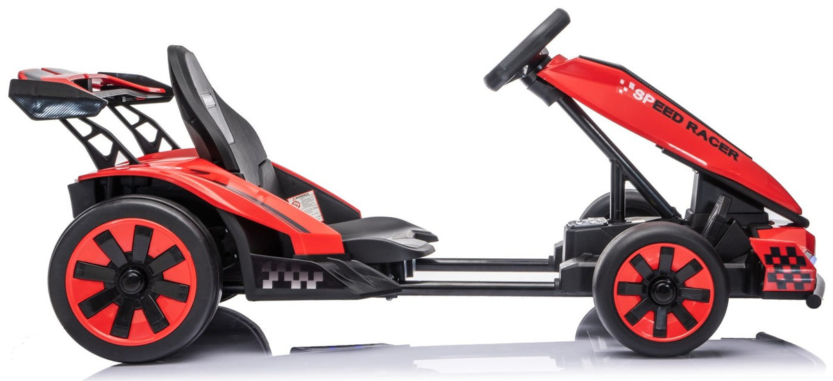 Side view of the red go-kart with its body extended