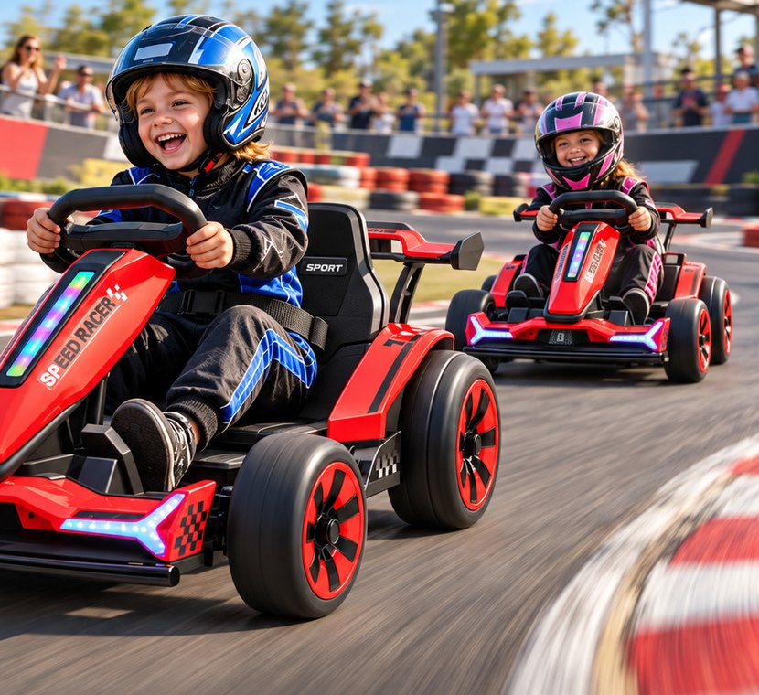 Two kids in helmets race red go-karts around a closed kart track as families cheer
