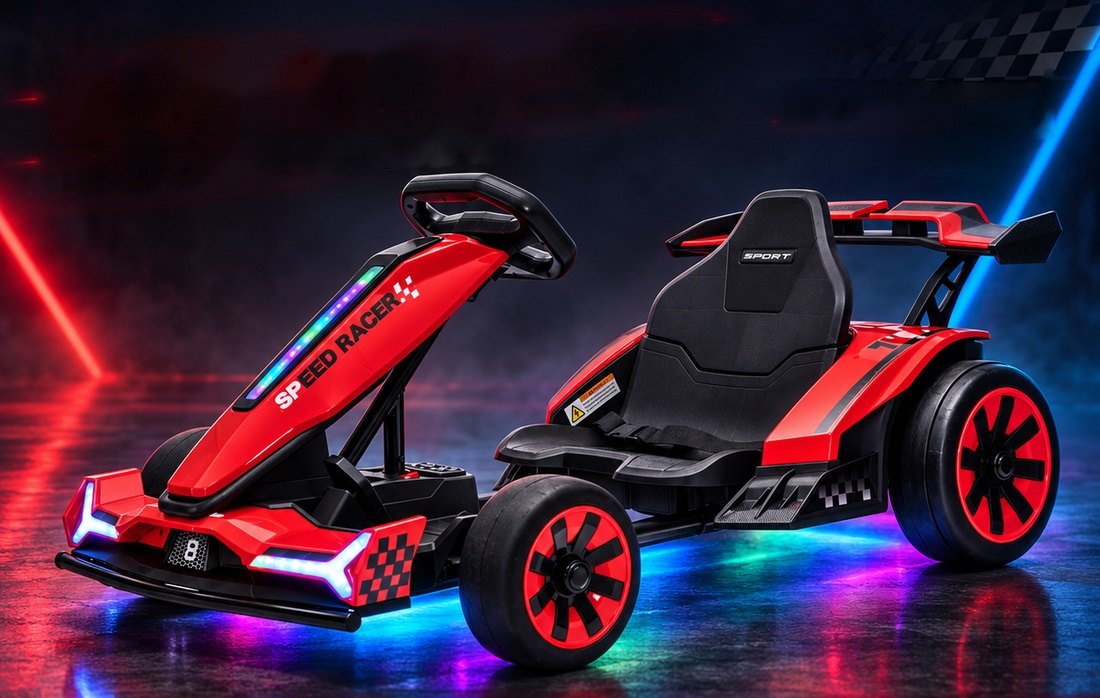 The red go-kart glowing with colorful underglow, front LED lights and a light bar on a dark floor