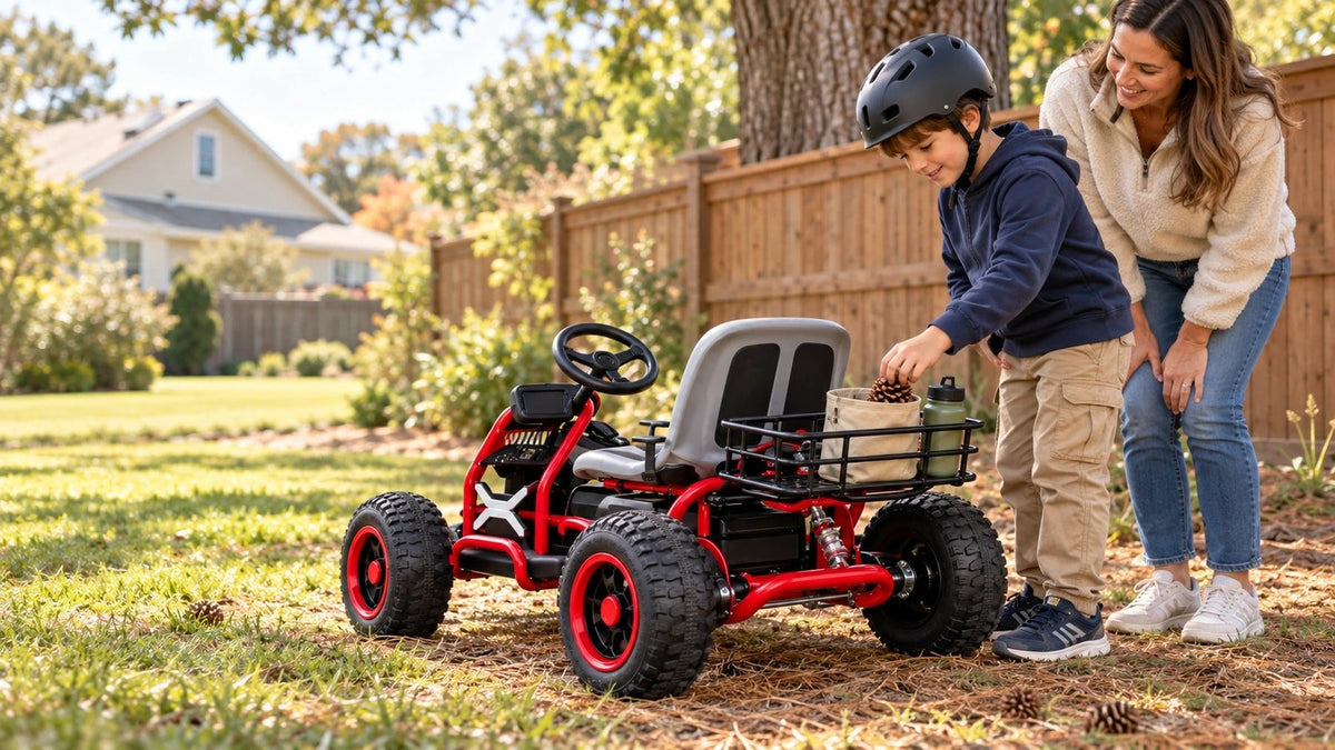 A boy loads a box into the rear basket of the kart while his mom watches