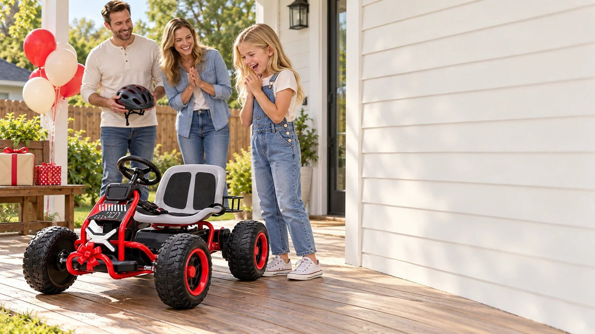 A girl claps in delight as her parents reveal the red kart at a birthday party on the porch
