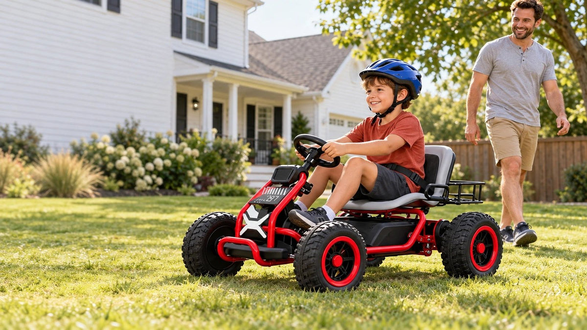 A smiling boy in a blue helmet drives the red off-road kart across the lawn while his dad walks behind