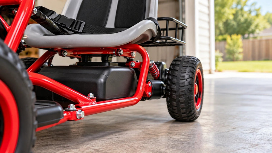 Low close-up of the red tubular metal frame and rear wheel on a driveway