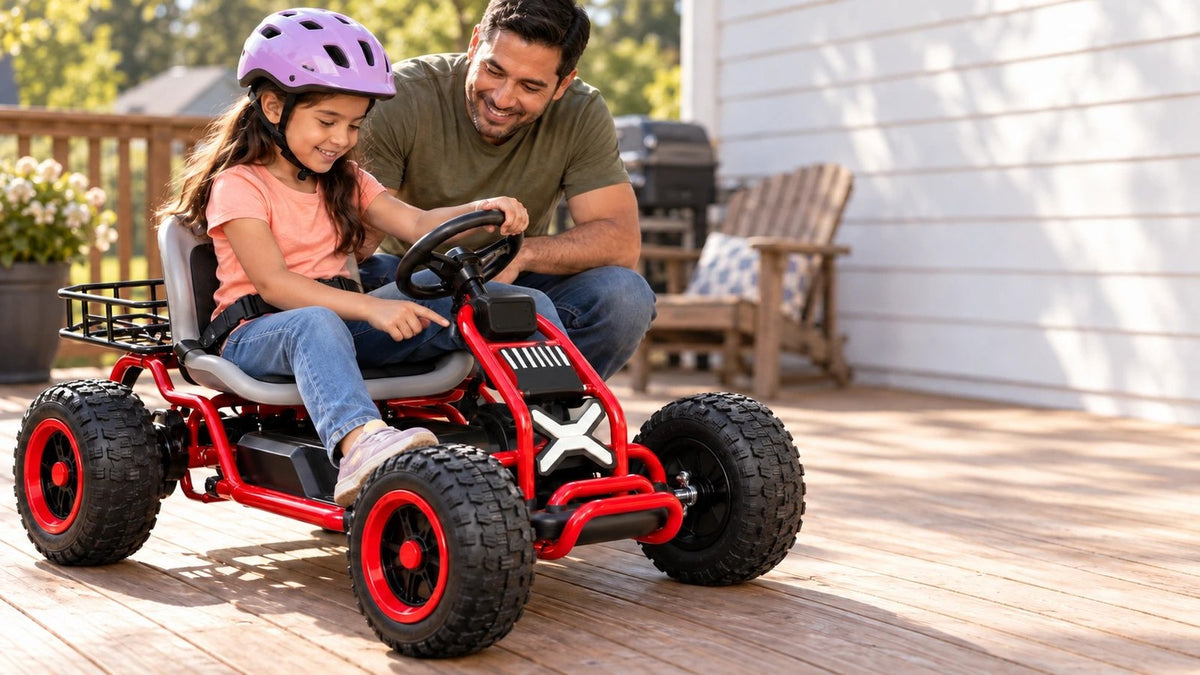 A girl in a lavender helmet sits in the kart on a backyard deck as her dad leans in beside her