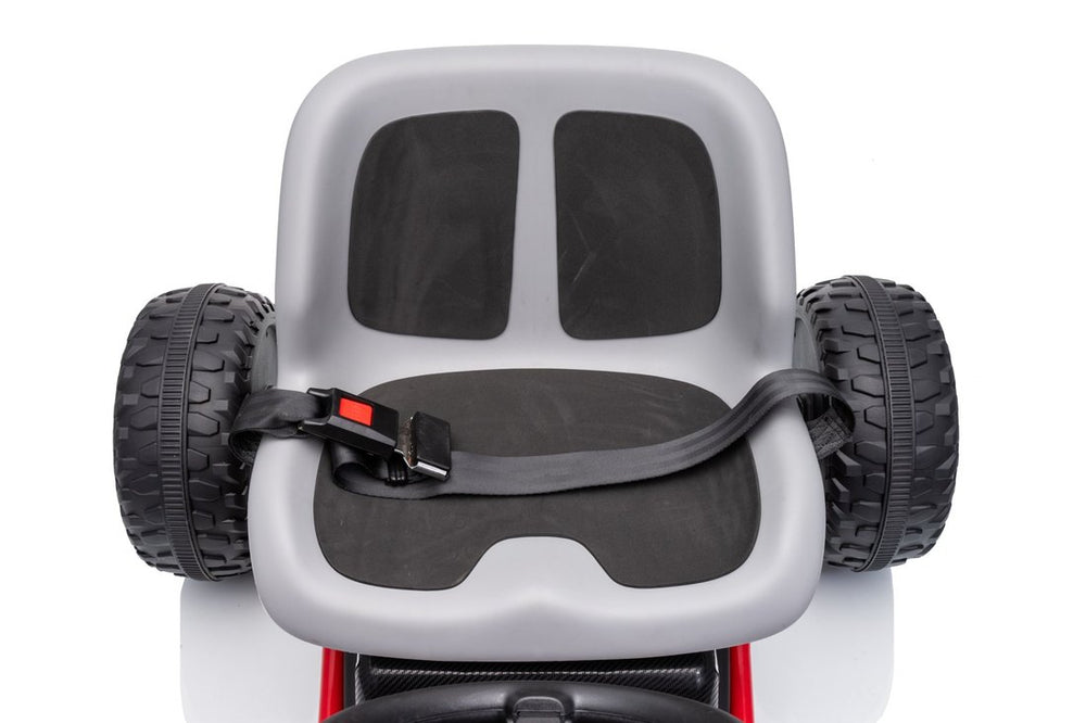 The grey bucket seat with its lap belt buckled