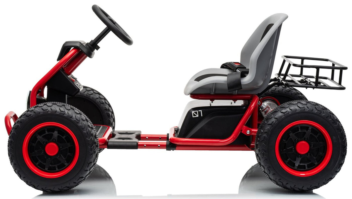 Side view of the red kart with the frame extended